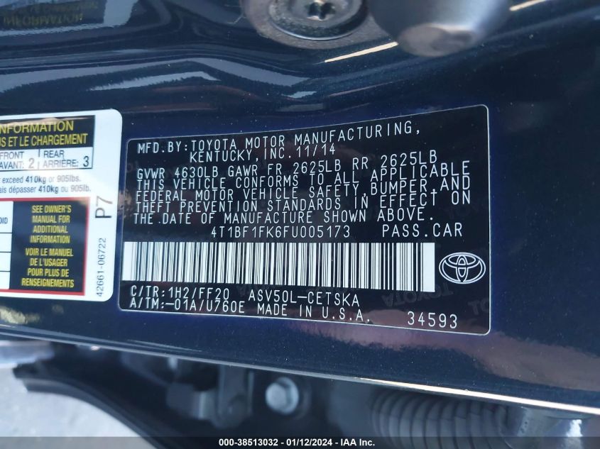 2015 TOYOTA CAMRY LE/XLE/SE/XSE - 4T1BF1FK6FU005173