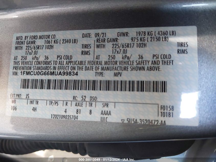 2021 FORD ESCAPE SE - 1FMCU0G66MUA99834