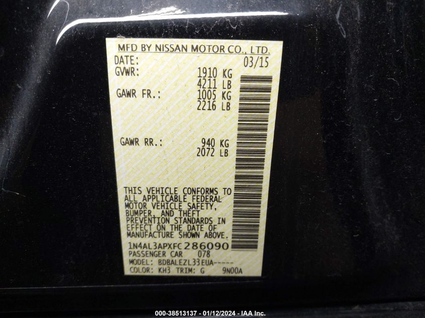 2015 NISSAN ALTIMA 2.5/S/SV/SL - 1N4AL3APXFC286090