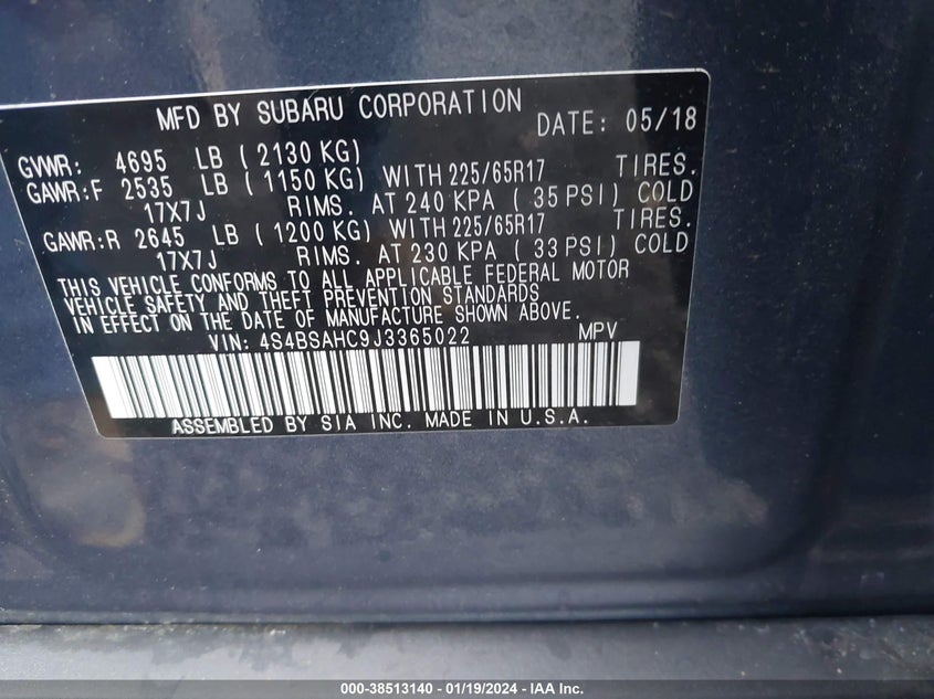 VIN 4S4BSAHC9J3365022 2018 SUBARU OUTBACK 2.5I PREMIUM