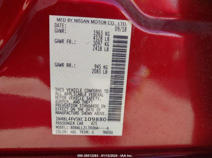 2019 NISSAN ALTIMA PLATINUM - 1N4BL4FV5KC109880