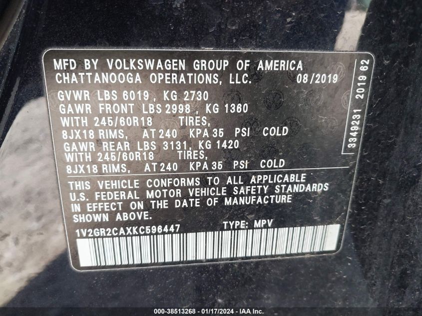 2019 VOLKSWAGEN ATLAS S - 1V2GR2CAXKC596447