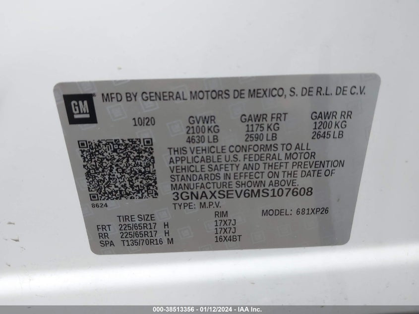 VIN 3GNAXSEV6MS107608 2021 CHEVROLET EQUINOX LS