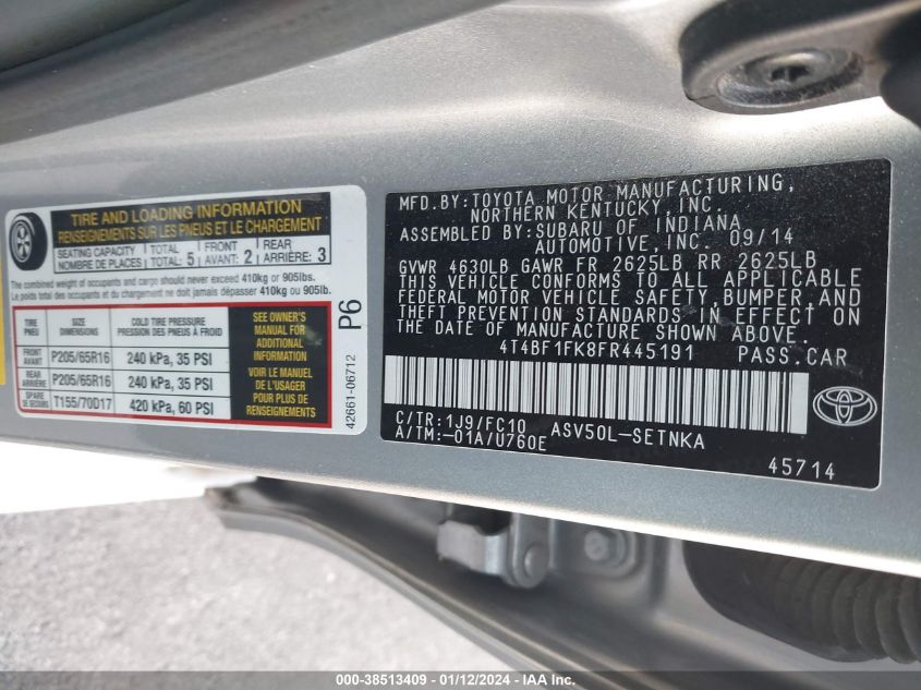 2015 TOYOTA CAMRY LE/XLE/SE/XSE - 4T4BF1FK8FR445191