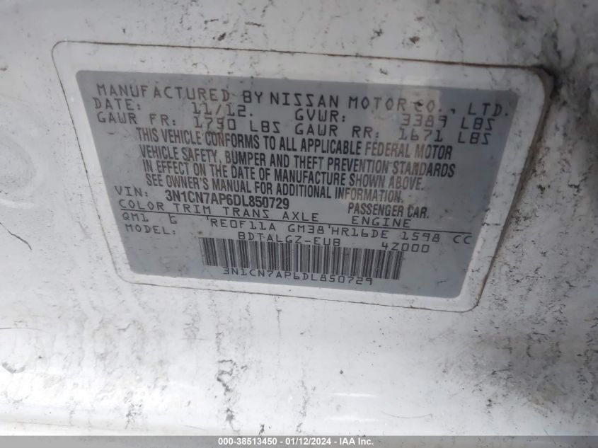 2013 NISSAN VERSA 1.6 SL - 3N1CN7AP6DL850729