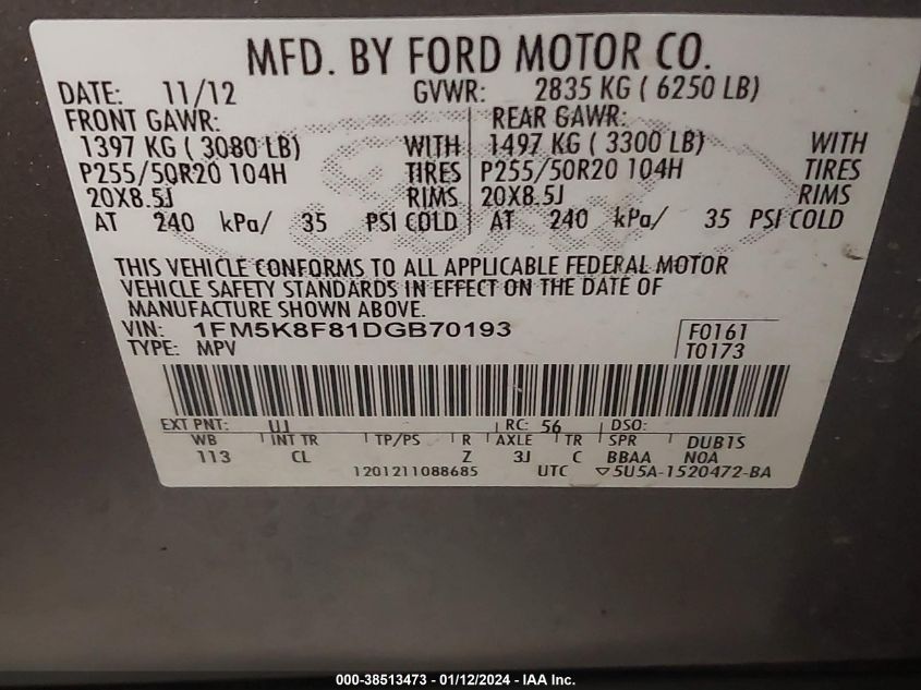 2013 FORD EXPLORER LIMITED - 1FM5K8F81DGB70193