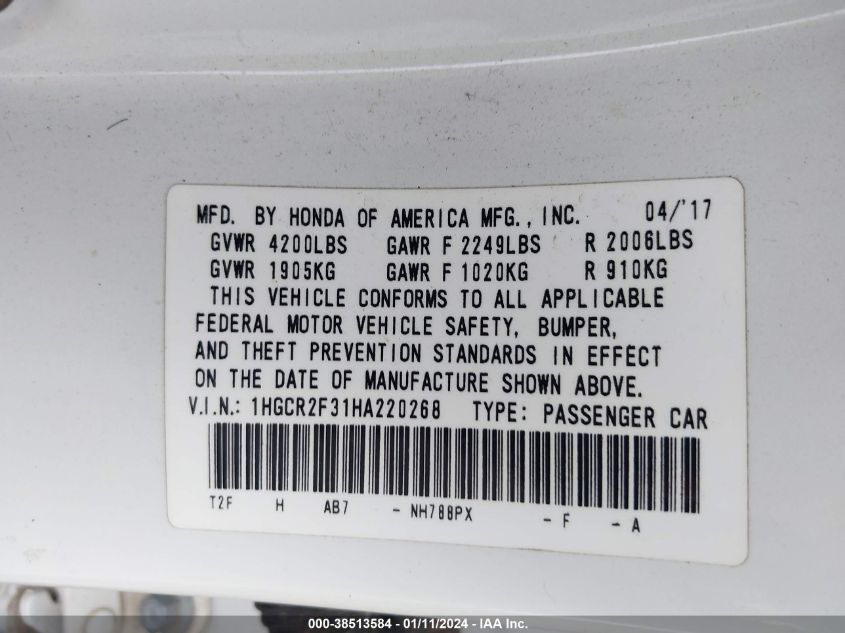 2017 HONDA ACCORD LX - 1HGCR2F31HA220268