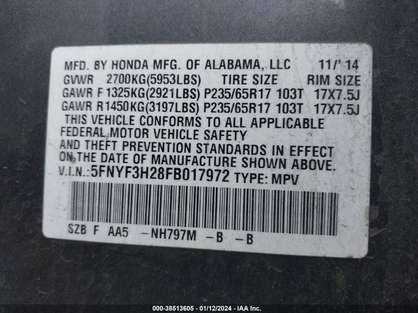 2015 HONDA PILOT LX - 5FNYF3H28FB017972