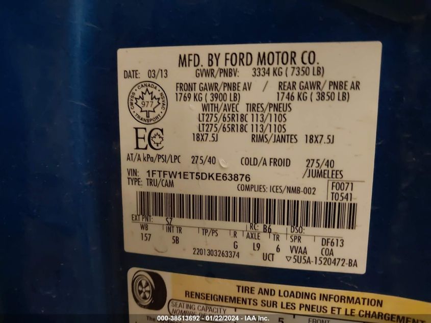 2013 FORD F-150 FX4 - 1FTFW1ET5DKE63876