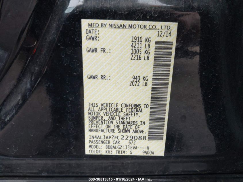 2015 NISSAN ALTIMA 2.5 S - 1N4AL3AP2FC229088