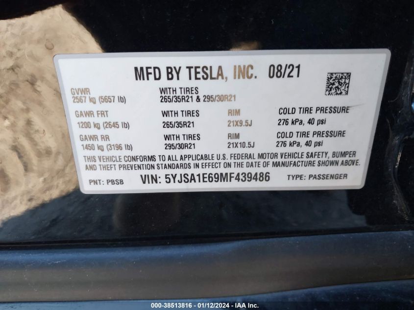 2021 TESLA MODEL S PLAID TRI MOTOR ALL-WHEEL DRIVE - 5YJSA1E69MF439486