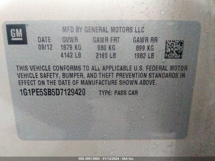 2013 CHEVROLET CRUZE 2LT AUTO - 1G1PE5SB5D7129420