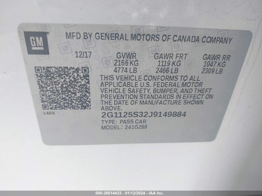2018 CHEVROLET IMPALA PREMIER - 2G1125S32J9149884