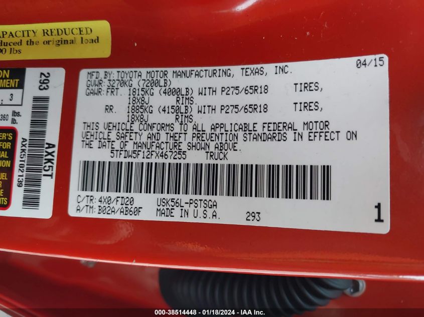 2015 TOYOTA TUNDRA TRD PRO 5.7L V8 - 5TFDW5F12FX467255