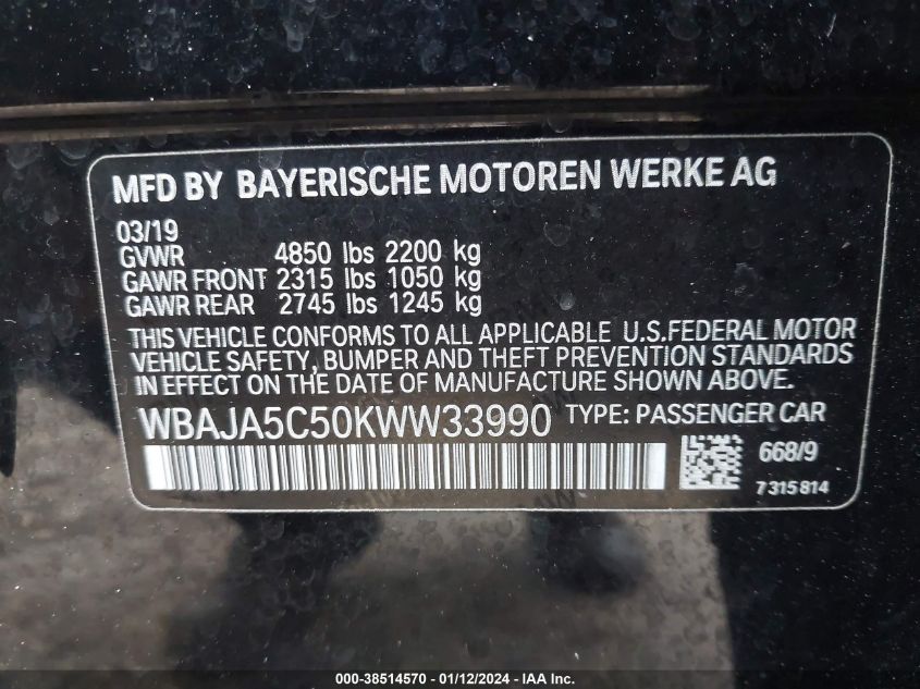 2019 BMW 530I I WBAJA5C50KWW33990