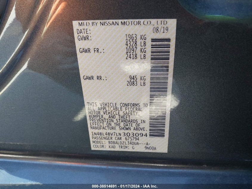 2020 NISSAN ALTIMA S - 1N4BL4BV7LN303094