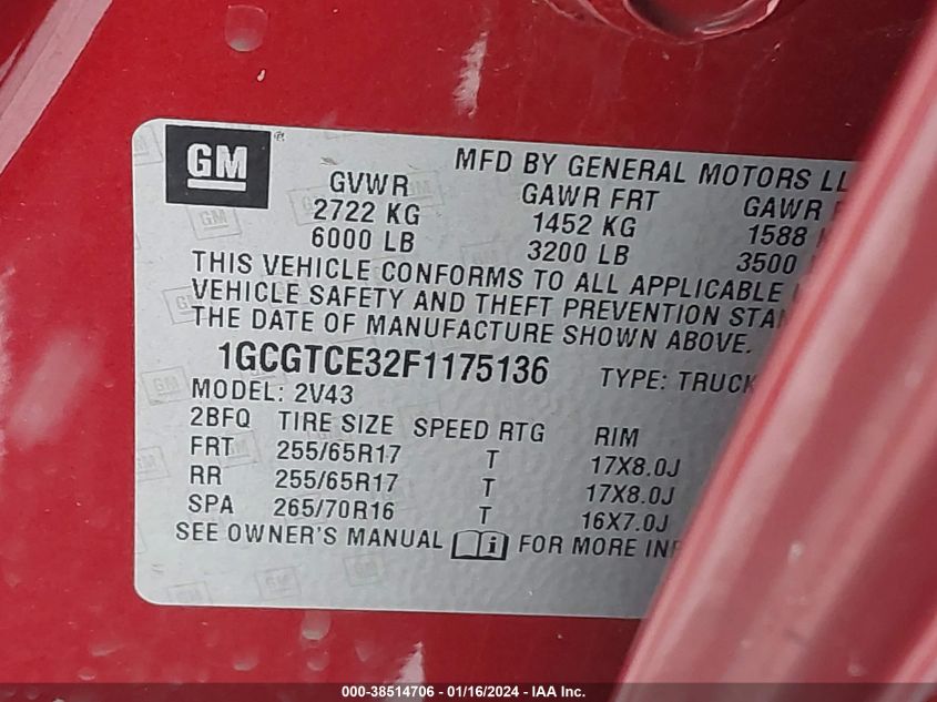 2015 CHEVROLET COLORADO Z71 - 1GCGTCE32F1175136