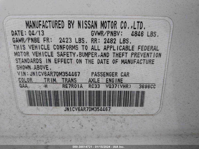 2013 INFINITI G37X JN1CV6AR7DM354467