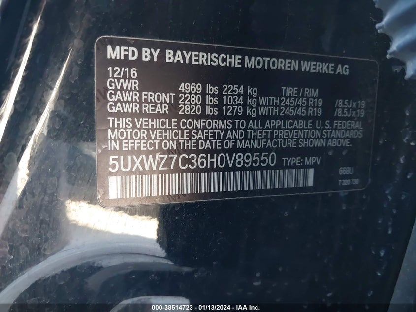 VIN 5UXWZ7C36H0V89550 2017 BMW X3 SDRIVE28I