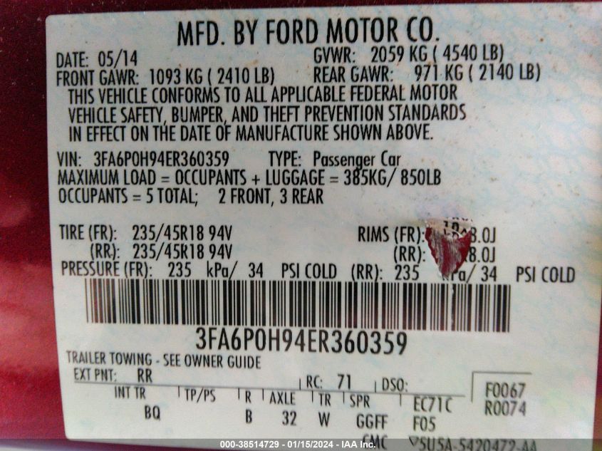 2014 FORD FUSION SE - 3FA6P0H94ER360359