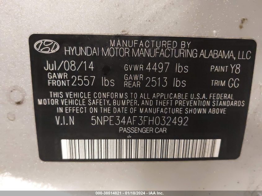 2015 HYUNDAI SONATA SPORT - 5NPE34AF3FH032492