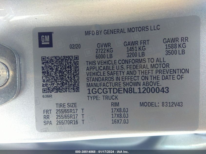 2020 CHEVROLET COLORADO Z71 - 1GCGTDEN8L1200043