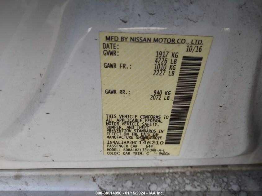2017 NISSAN ALTIMA 2.5/S/SV/SL/SR - 1N4AL3AP3HC146210