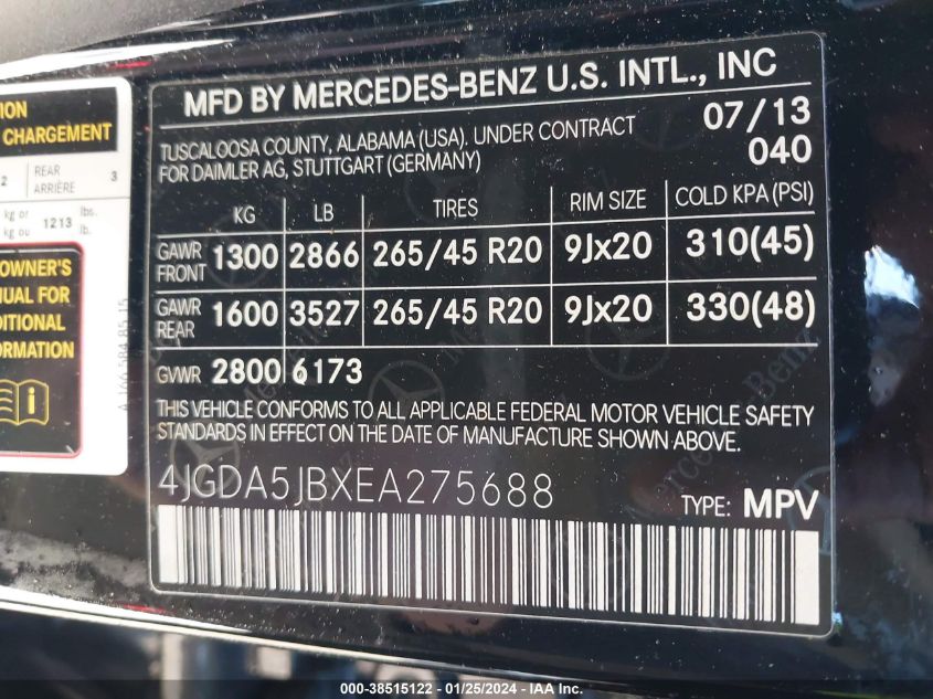 2014 MERCEDES-BENZ ML 350 4JGDA5JBXEA275688