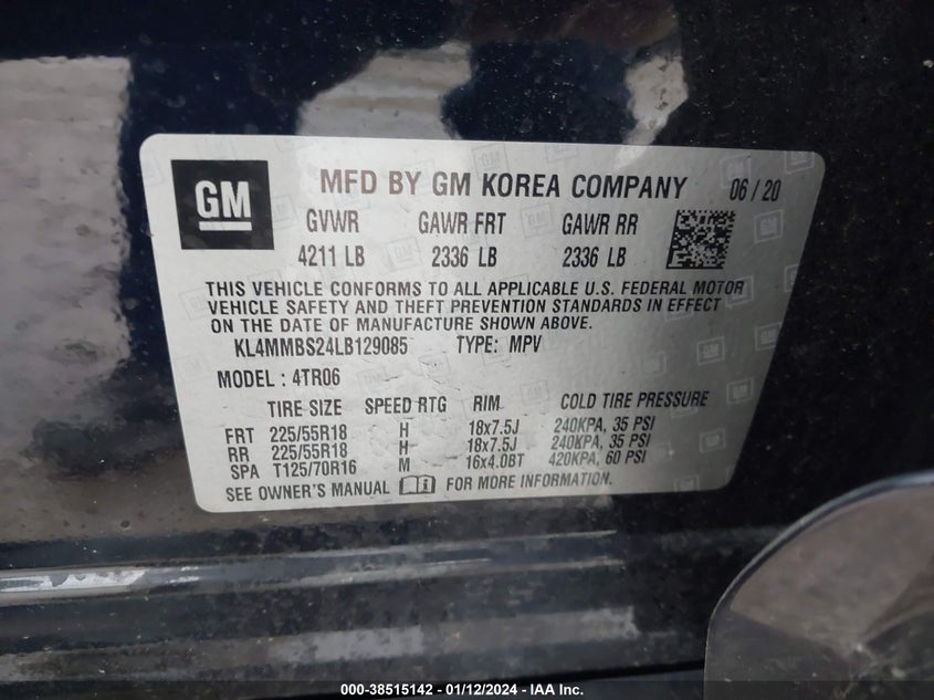 VIN KL4MMBS24LB129085 2020 BUICK ENCORE GX PREFERRED