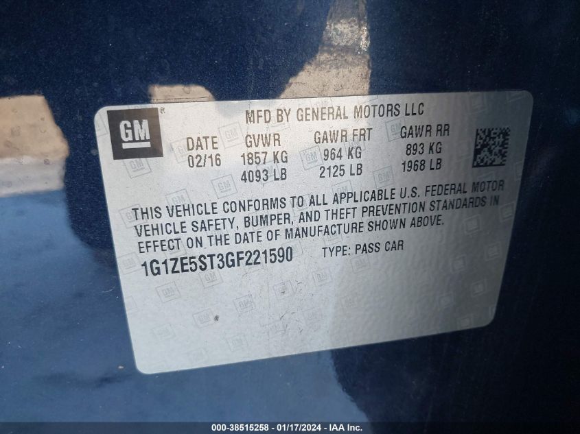 2016 CHEVROLET MALIBU LT - 1G1ZE5ST3GF221590