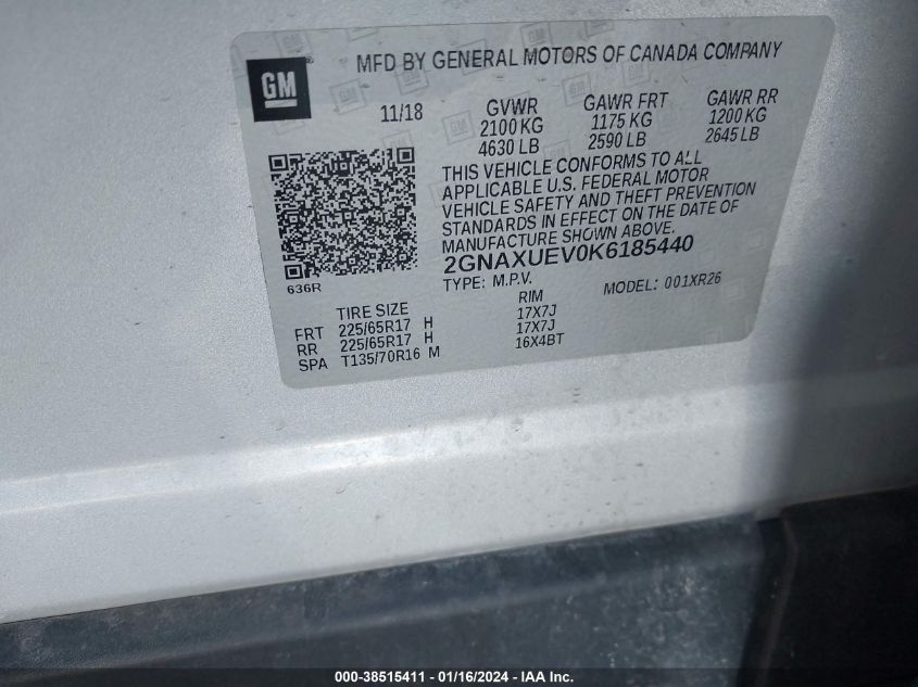 2019 CHEVROLET EQUINOX LT - 02GNAXUEV0K618544