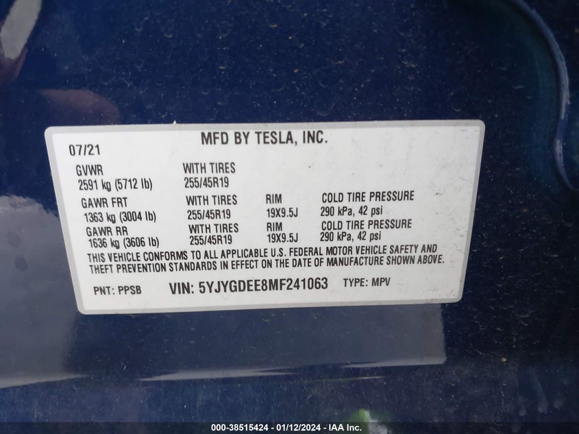VIN 5YJYGDEE8MF241063 2021 TESLA MODEL Y LONG RANGE DUAL MOTOR ALL-WHEEL DRIVE