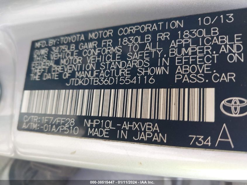 2013 TOYOTA PRIUS C TWO - JTDKDTB36D1554116
