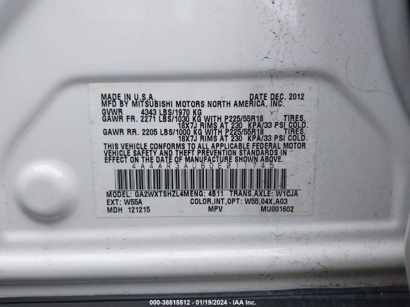 2013 MITSUBISHI OUTLANDER SPORT ES - 4A4AR3AU6DE011745