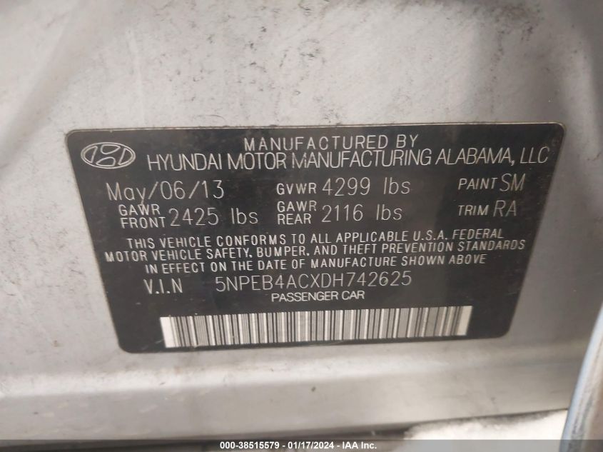 2013 HYUNDAI SONATA GLS - 5NPEB4ACXD8742525