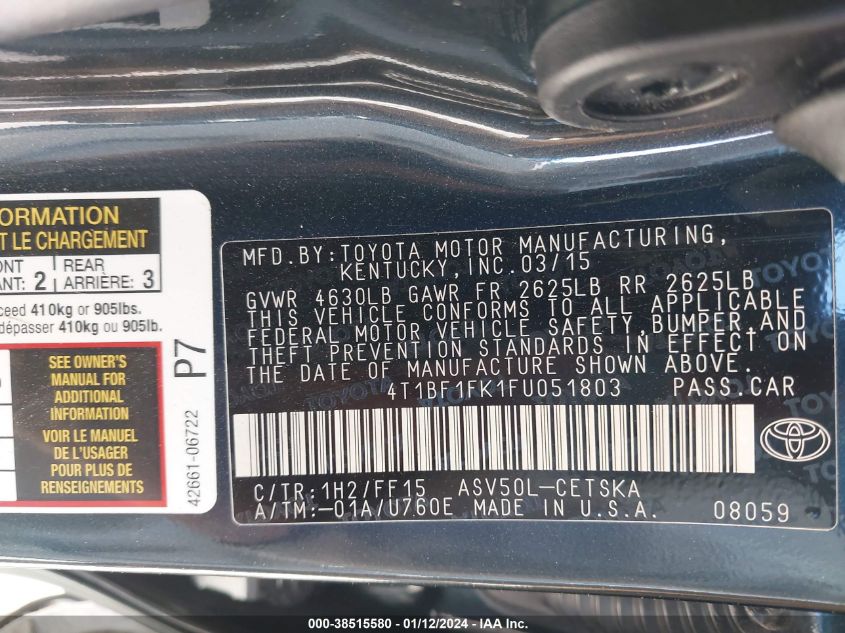 2015 TOYOTA CAMRY SE - 4T1BF1FK1FU051803