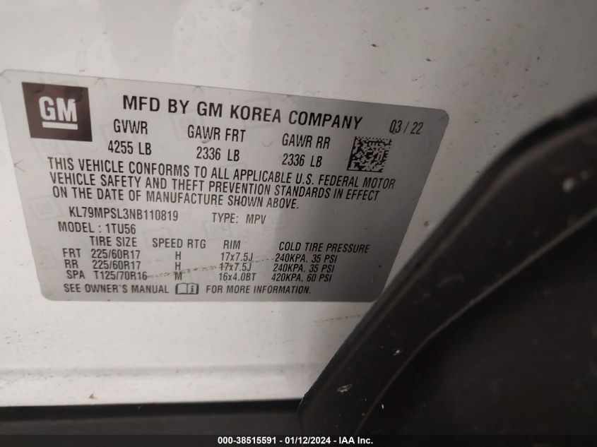 2022 CHEVROLET TRAILBLAZER LT - KL79MPSL3NB110819