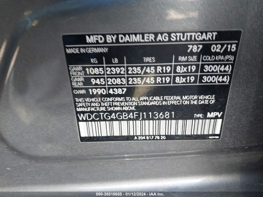 2015 MERCEDES-BENZ GLA 250 4MATIC - WDCTG4GB4FJ113681