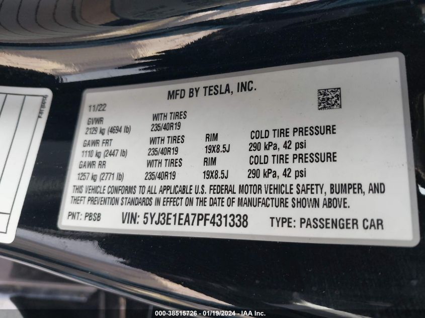 2023 TESLA MODEL 3 REAR-WHEEL DRIVE - 5YJ3E1EA7PF431338