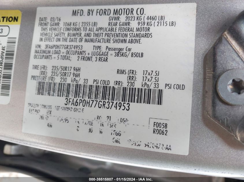 2016 FORD FUSION - 3FA6P0H77GR374953