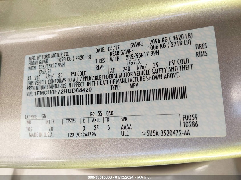 VIN 1FMCU0F72HUD84420 2017 FORD ESCAPE S
