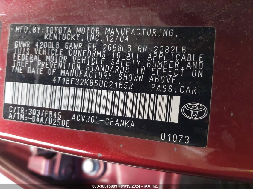 4T1BE32K85U021653 | 2005 TOYOTA CAMRY