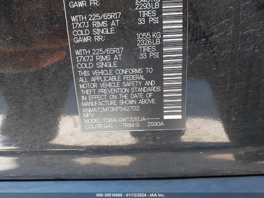 2019 NISSAN ROGUE S/SV - KNMAT2MT3KP542702