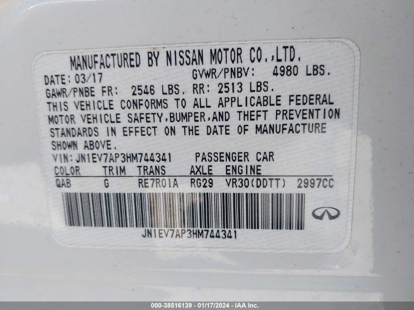 2017 INFINITI Q50 3.0T SIGNATURE EDITION - JN1EV7AP3HM744341