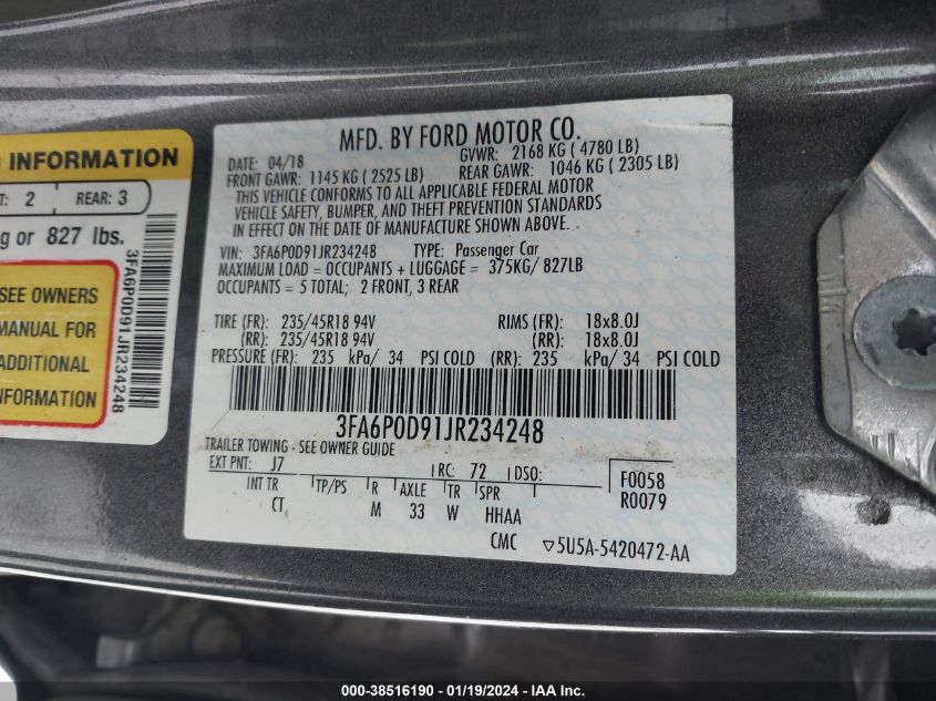 2018 FORD FUSION TITANIUM/PLATINUM - 3FA6P0D91JR234248
