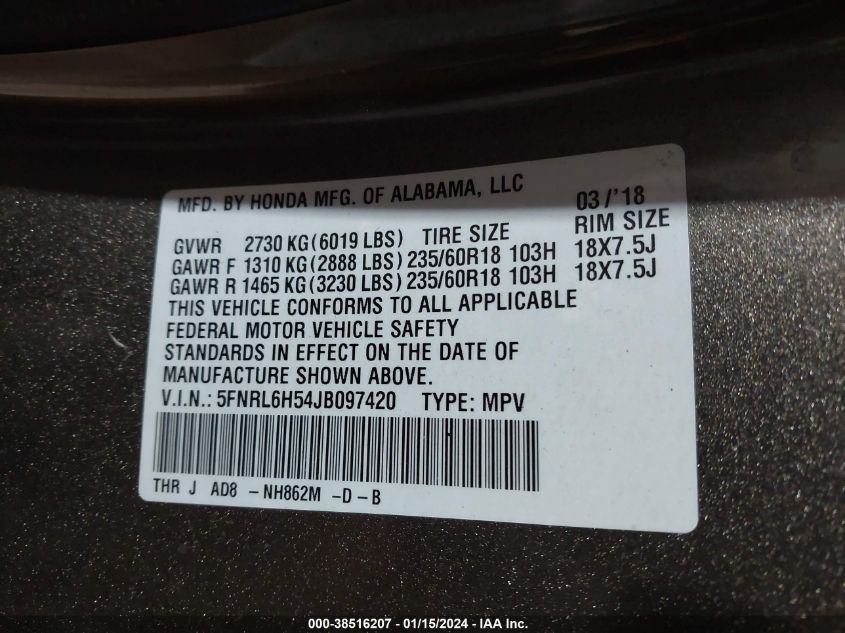 2018 HONDA ODYSSEY EX - 5FNRL6H54JB097420
