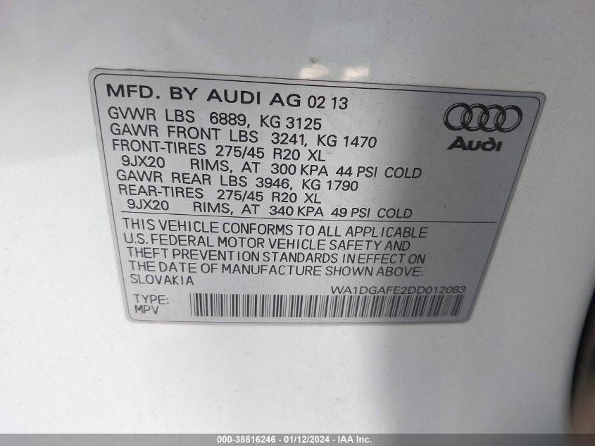 WA1DGAFE2DD012083 2013 AUDI Q7, photo no. 9