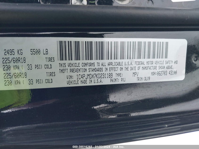 VIN 1C4PJMDX7KD231189 2019 JEEP CHEROKEE LIMITED