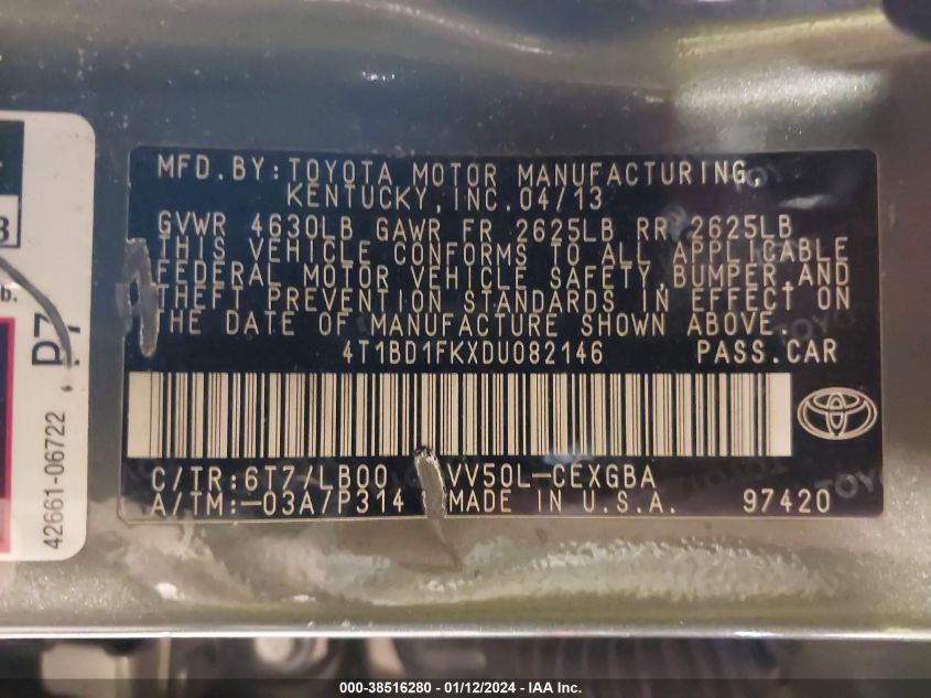 2013 TOYOTA CAMRY HYBRID XLE - 4T1BD1FKXDU082146