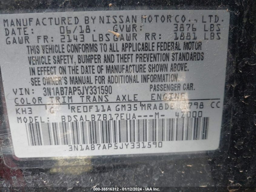 2018 NISSAN SENTRA S/SV/SR/SL - 3N1AB7AP5JY331590